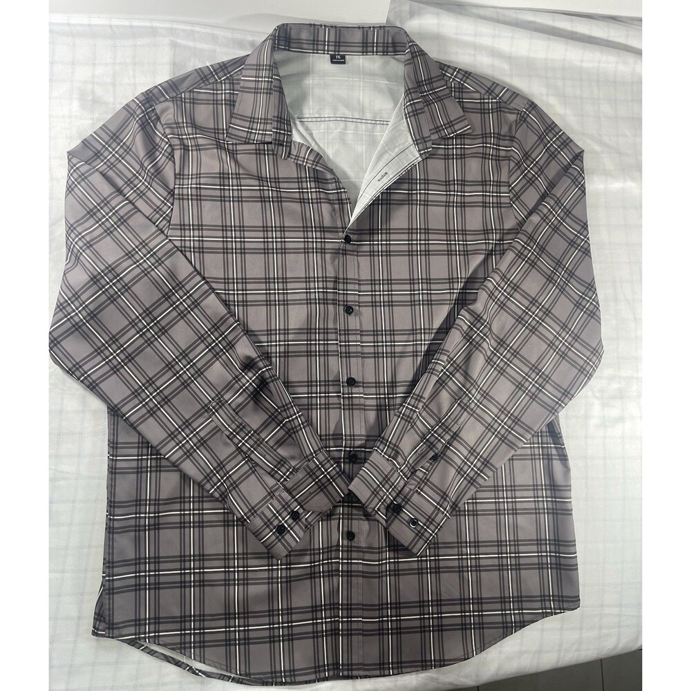 SHEIN Men's XXL Plaid Button Up Shirt Gray Long Sleeve Stretch Polyester Casual